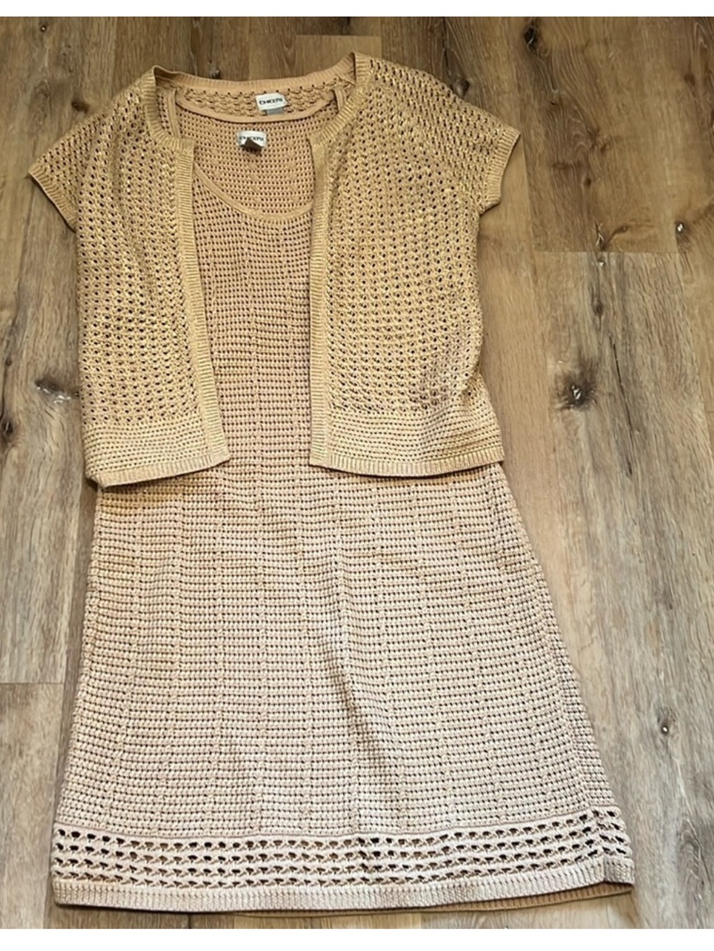 Chico's Beige Crochet Knit Midi Dress with Short Sleeve Cardigan